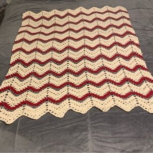 Handcrafted Red, Cream and Dark Grey Crochet Blanket 48x41 Lap Size
